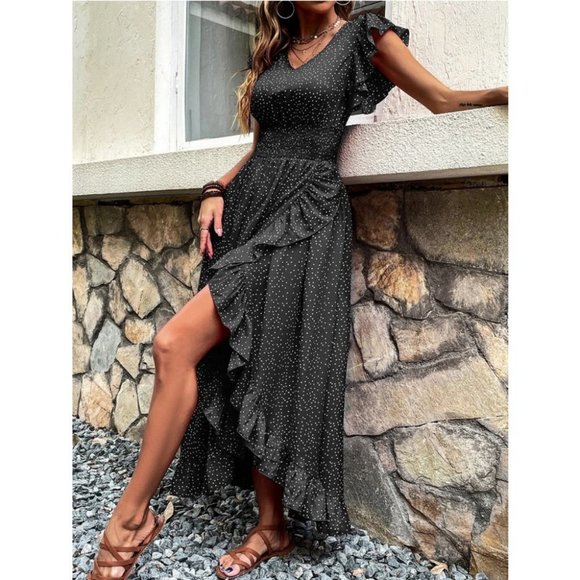 Black Polka Dot Print Butterfly Sleeve Shirred Ruffle Trimmed hem maxi Dress - Picture 5 of 6